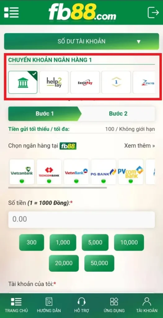 Chọn phương thức nạp tiền FB88